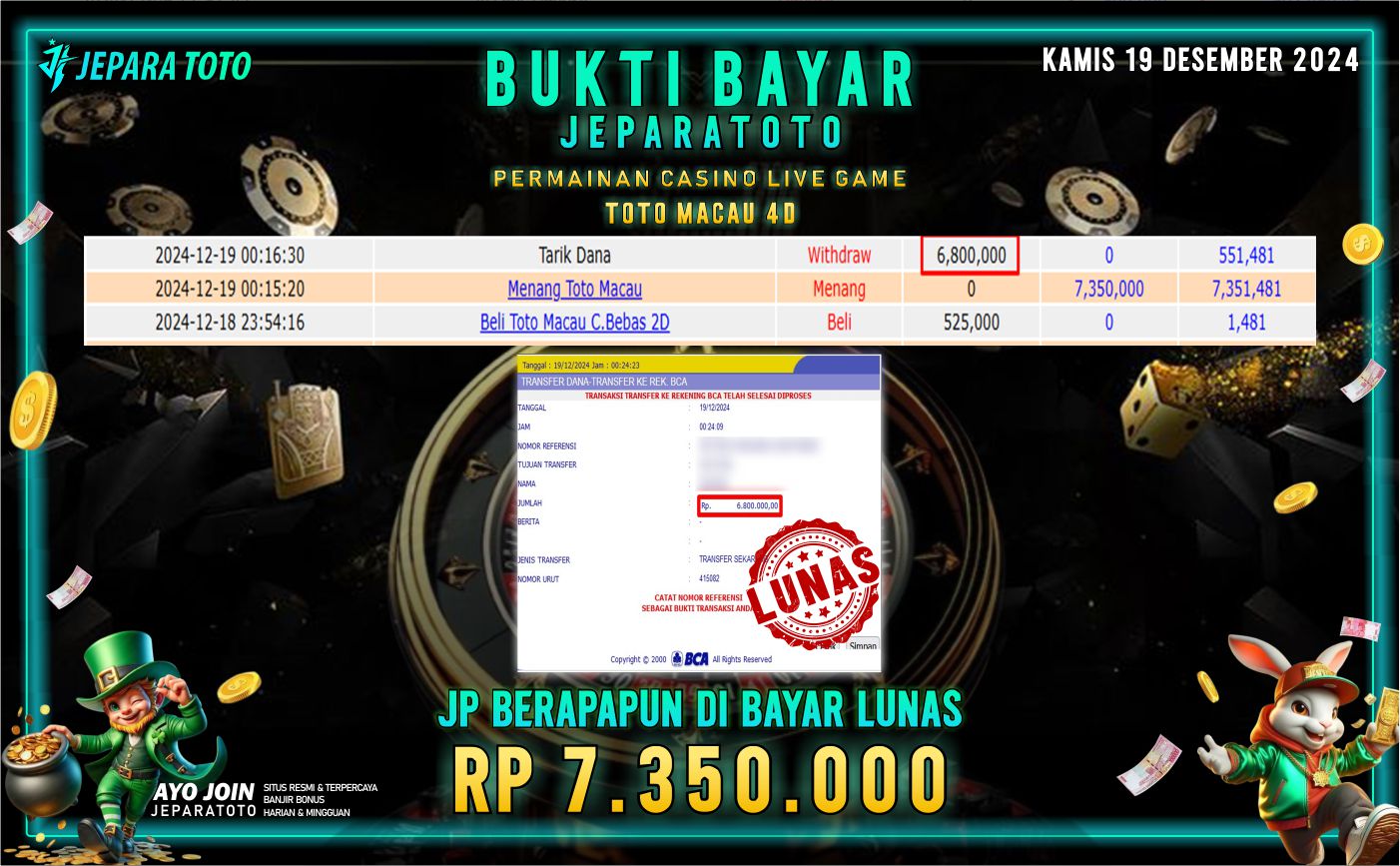 BUKTI KEMENANGAN CASINO LIVE GAME TOTO MACAU 4D MEMBER JEPARATOTO