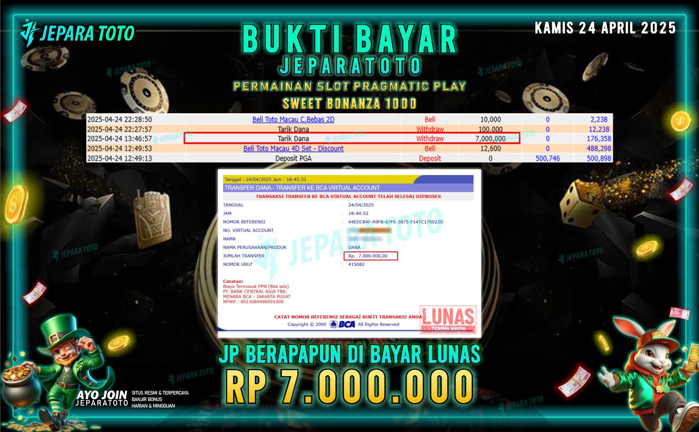 BUKTI KEMENANGAN MEMBER JEPARATOTO SLOT PRAGMATIC PLAY | GAME SWEET BONANZA 1000